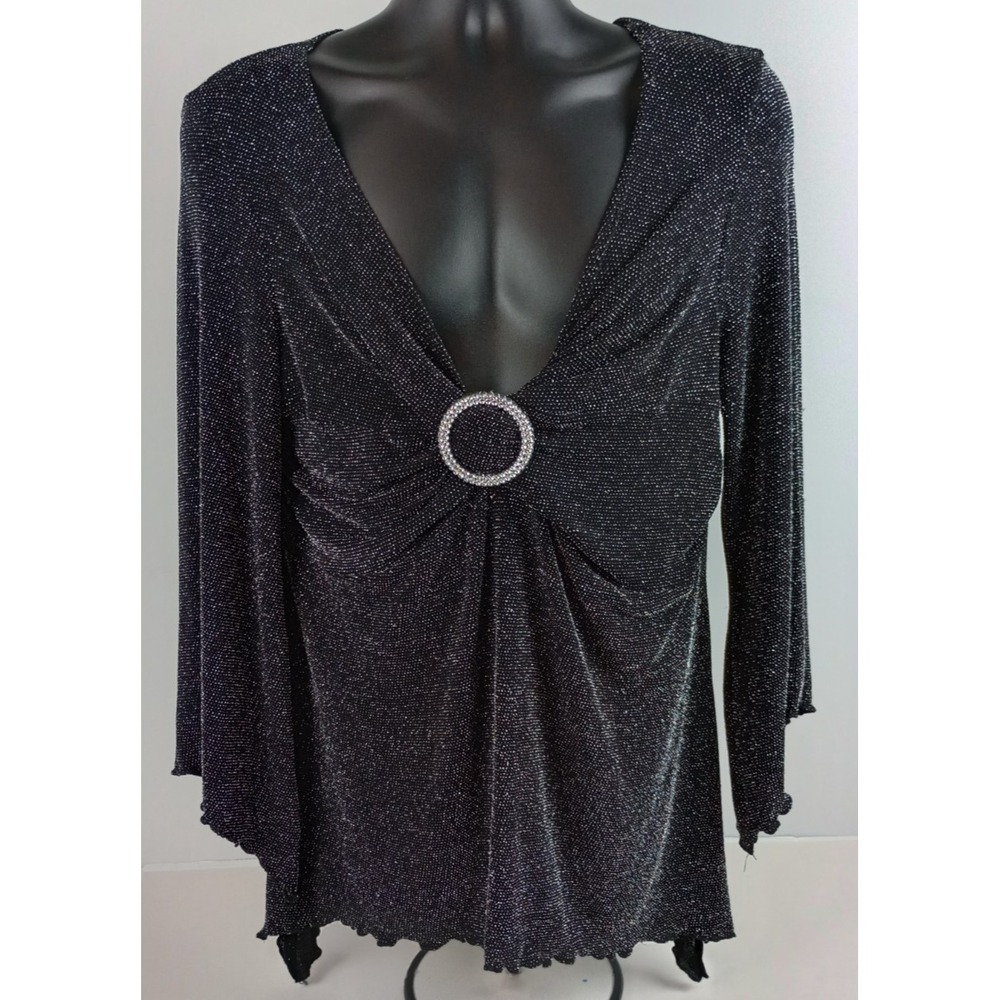 VTG Empire USA Women's 2XL Black Silver Glitter Sparkle Blouse Jeweled